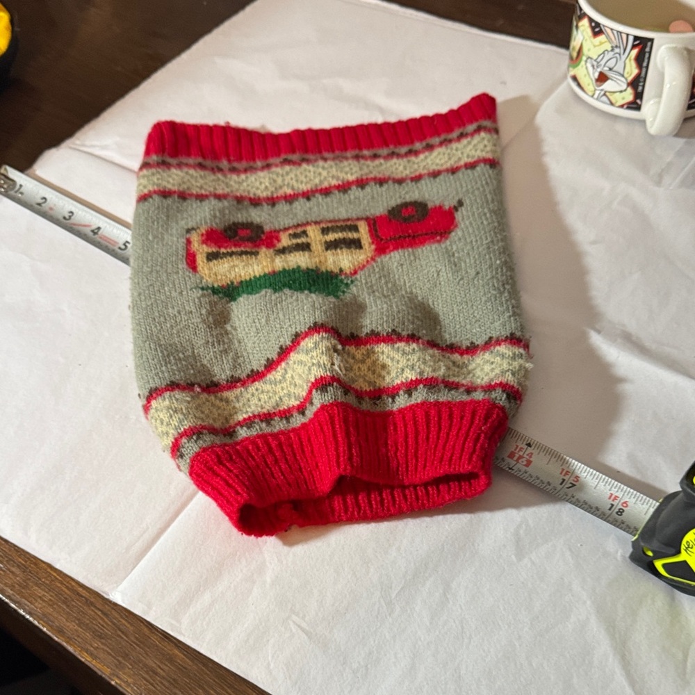 Cozy Red and Gray Dog Sweater with Car Design